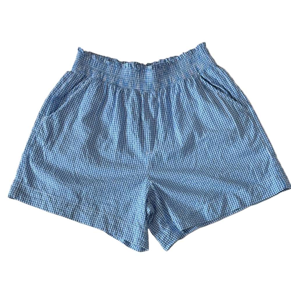 Aerie Gingham Elastic Waist Shorts Women's Blue White M Pockets